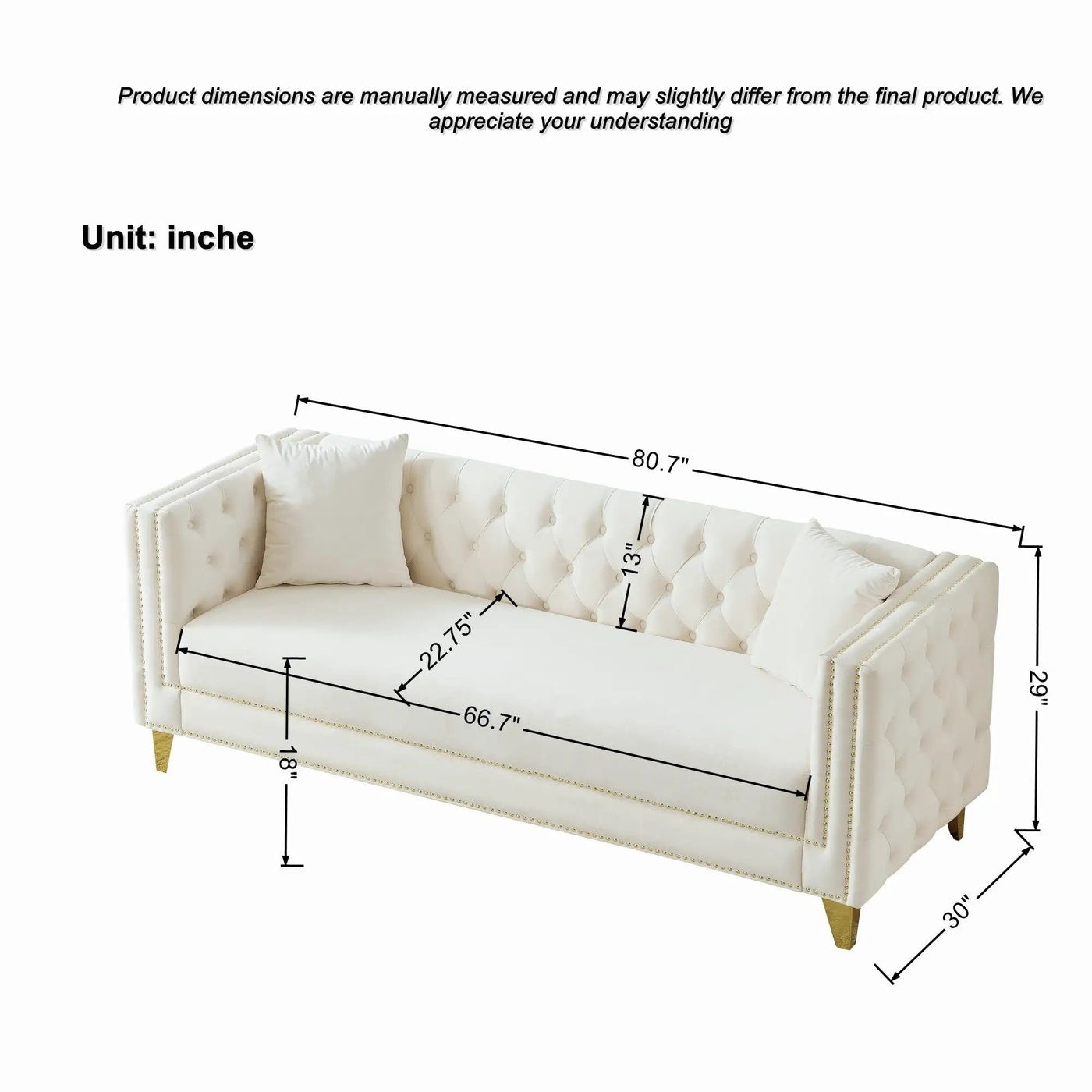 Deep Seat Sofa With Button Nailhead, Square Arm Couches by HouseOfZazla