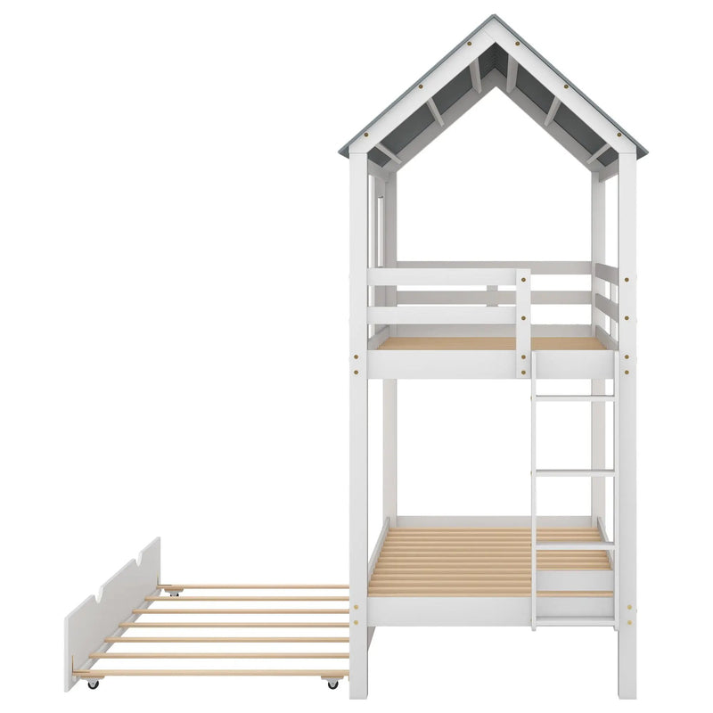 Twin Size House Bunk Bed With Trundle, Roof And Windows - White / Gray by Unique Piece Furniture