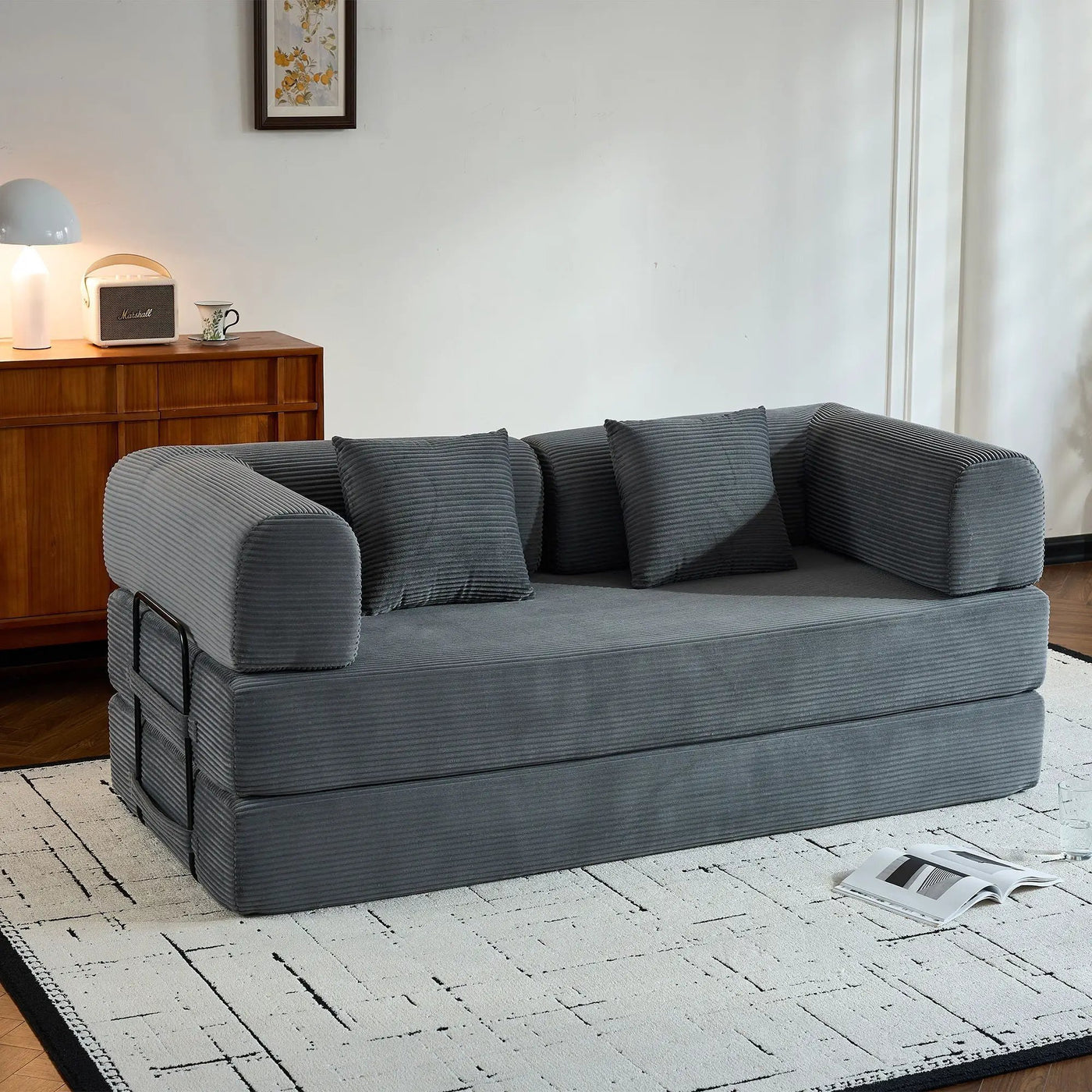Convertible Sleeper Sofa Bed With Cylindrical Pillow, With Fixed Shape Frame by HouseOfZazla