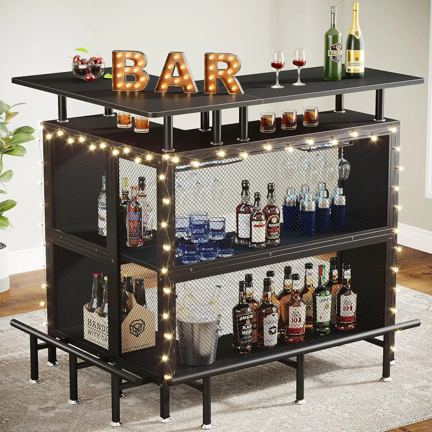 L Shaped Home Mini Bar Table With 2 Tier Shelves & Glass Racks - Black by HouseOfZazla