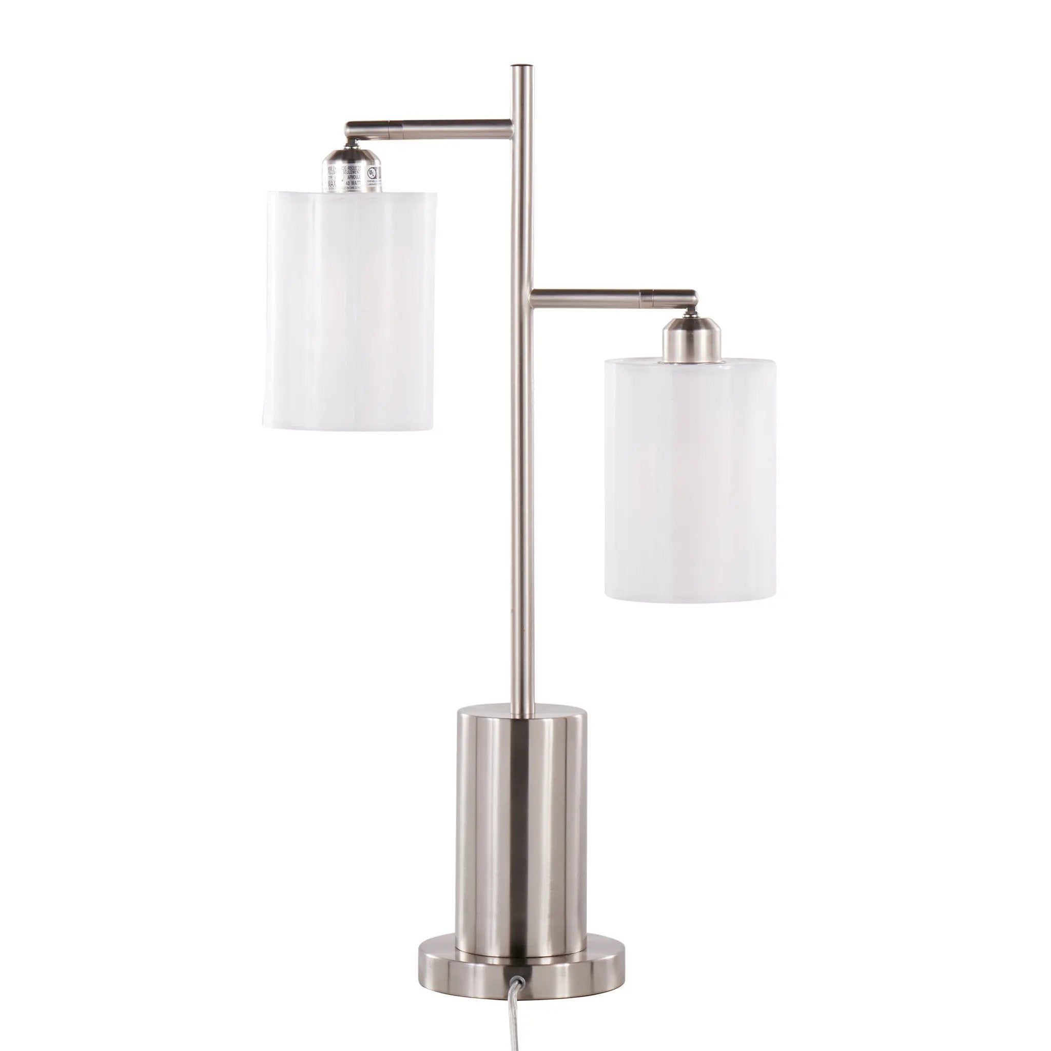 Cannes Contemporary Table Lamp in Nickel Metal with White Shades by HouseOfZazla