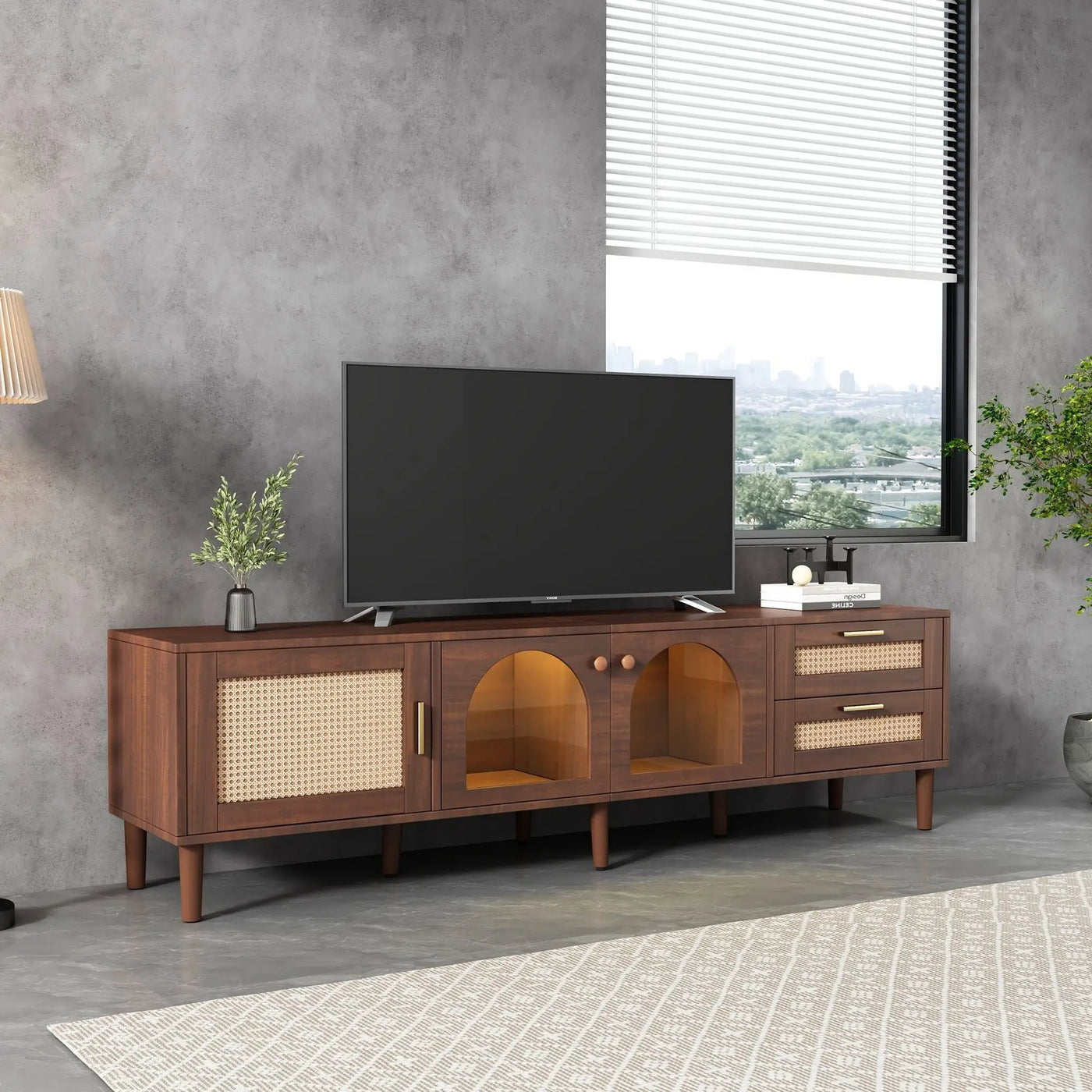 TV Stand With App-Controlled LED Lights, 2 Drawers & Door Storage by HouseOfZazla