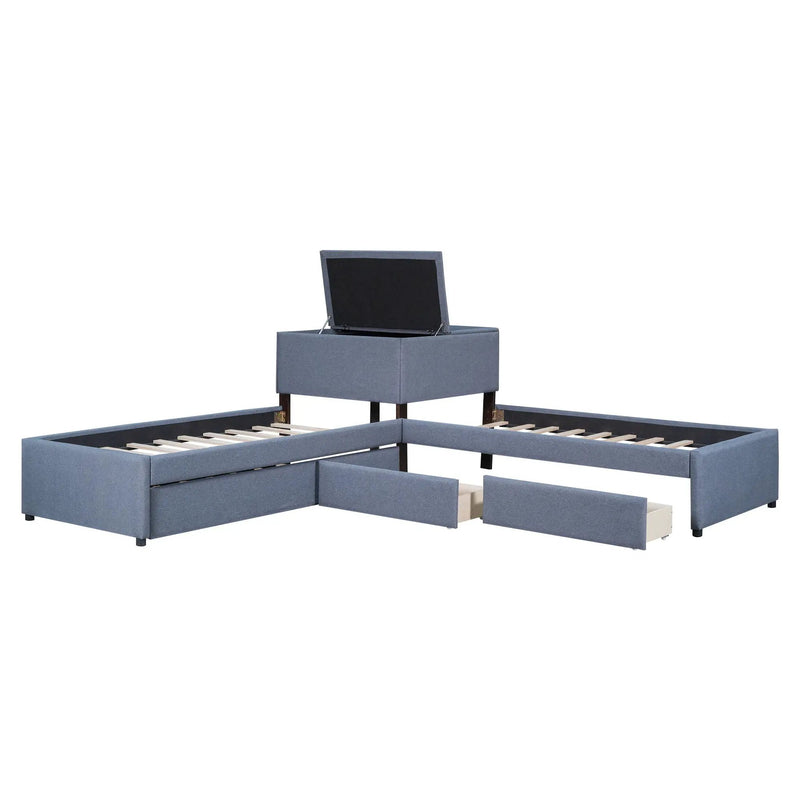 L Shaped Upholstered Platform Bed With Trundle And 2 Drawers Linked With Built In Desk by HouseOfZazla