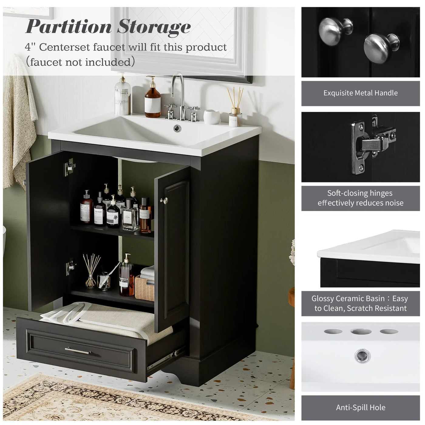 Bathroom Vanity With Ceramic Sink Combo, Modern Freestanding Storage Cabinet With Silver Handles by HouseOfZazla