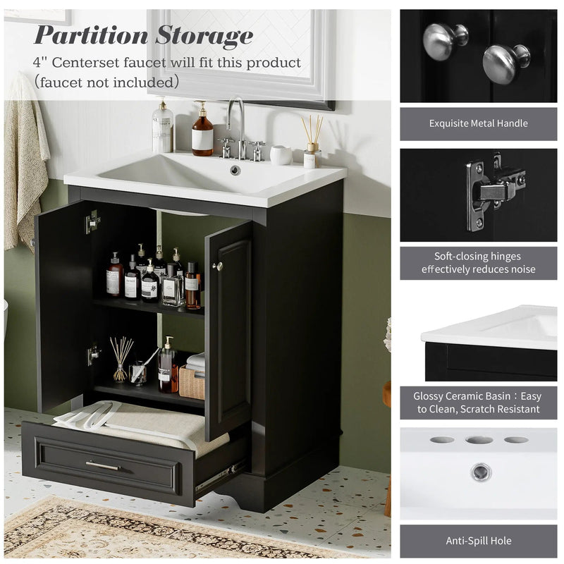 Bathroom Vanity With Ceramic Sink Combo, Modern Freestanding Storage Cabinet With Silver Handles by HouseOfZazla