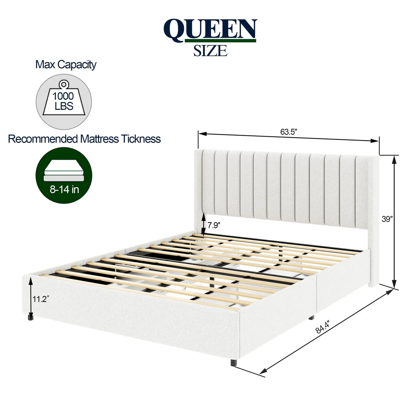 Anda - Boucle Upholstered Platform Bed With Patented Drawers Storage - Ivory by HouseOfZazla