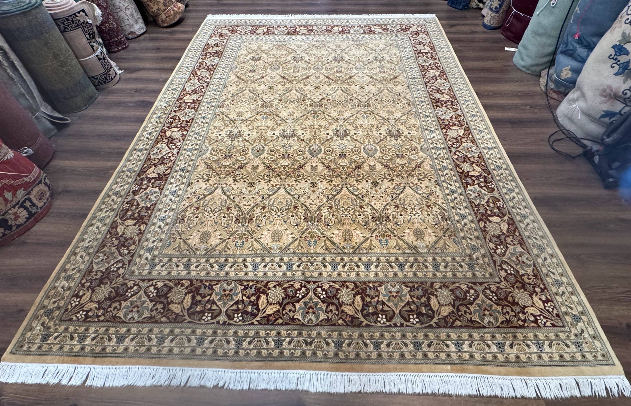 Fine Pak Persian Rug 9x12, Gold and Wine Red, Panel Design, 330 KPSI by Jewel Rugs