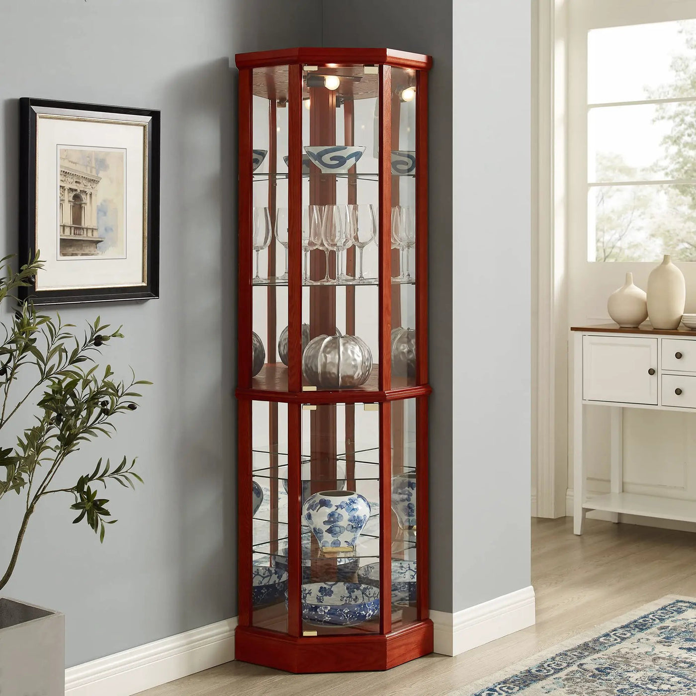 6 Shelf Lighted Corner Curio Cabinet With Adjustable Tempered Glass Shelves And Mirror Back (E26 Light Bulb Not Included) by HouseOfZazla