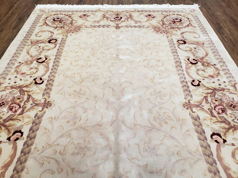 Vintage Ivory Chinese Aubusson Area Rug 6x9, Wool & Silk, Hand-Knotted 120 Line Fine Rug, European Design Carpet, 6 x 9 Master Signature Rug by Jewel Rugs