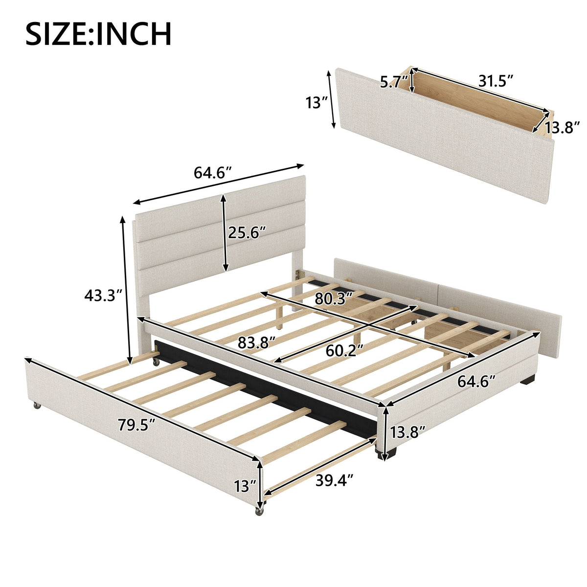 Queen Platform Bed with Twin Trundle and 2 Storage Drawers - Beige, photo 3 of 14