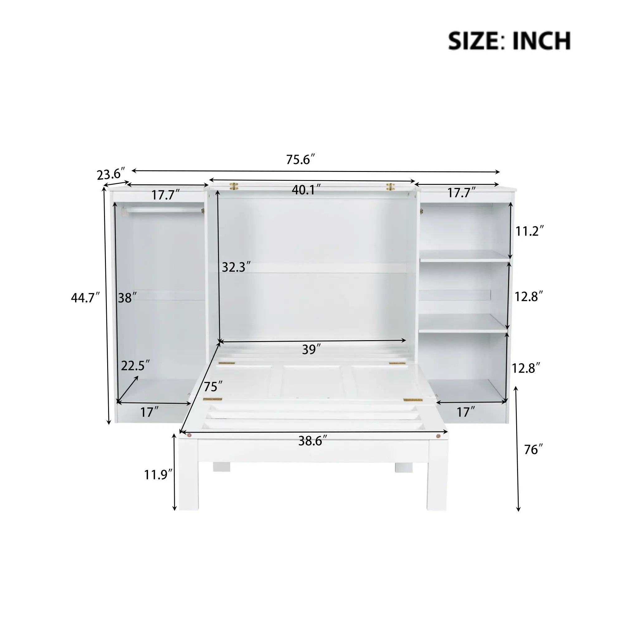 Twin Size Murphy Bed With Bedside Shelves And Wardrobe - White by Unique Piece Furniture