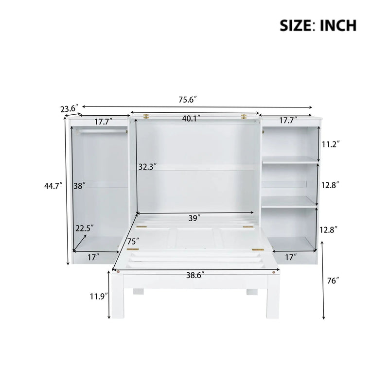 Twin Size Murphy Bed With Bedside Shelves And Wardrobe - White