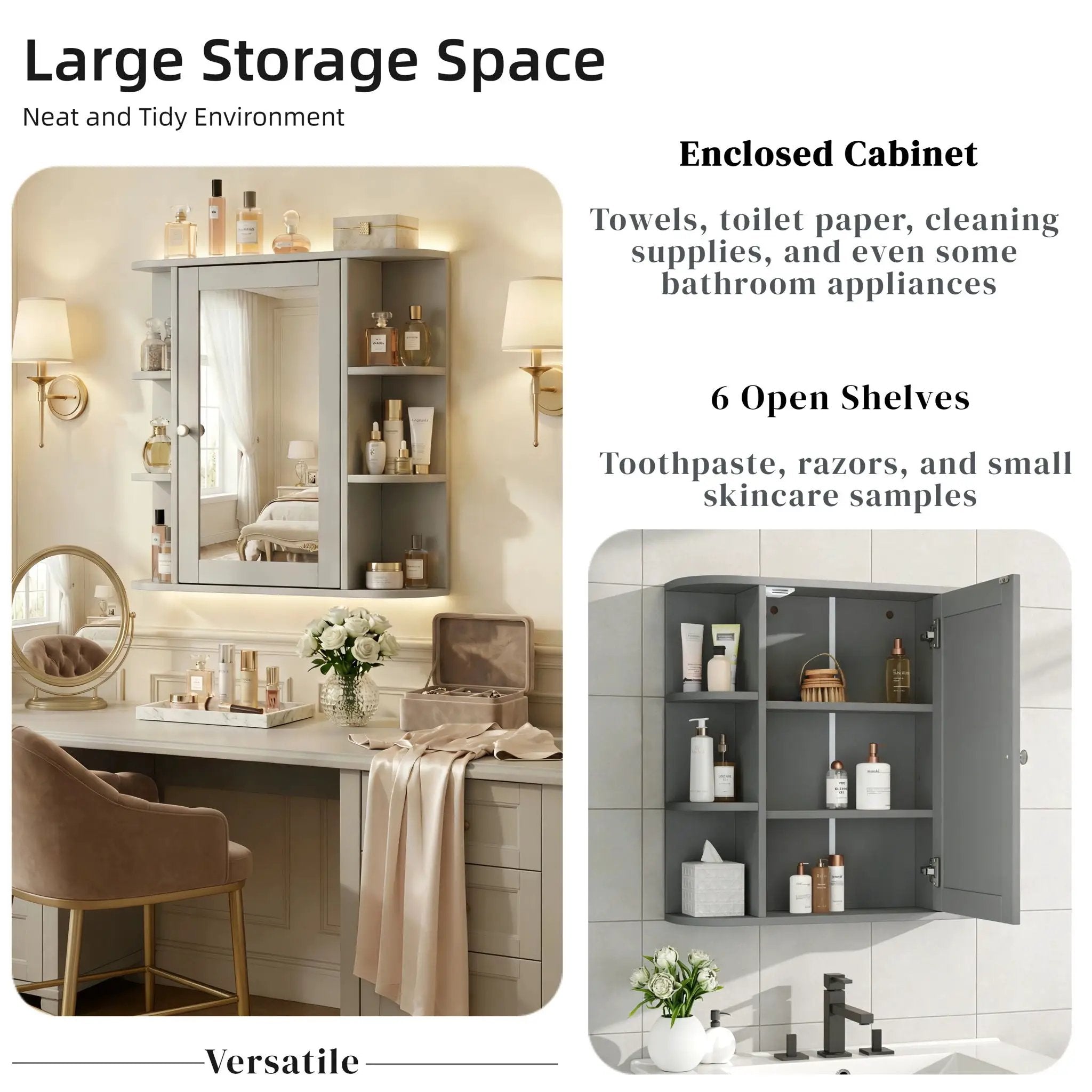 Bathroom Wall Storage Cabinet With Mirror And Adjustable Shelf, 6 Open Shelves by HouseOfZazla
