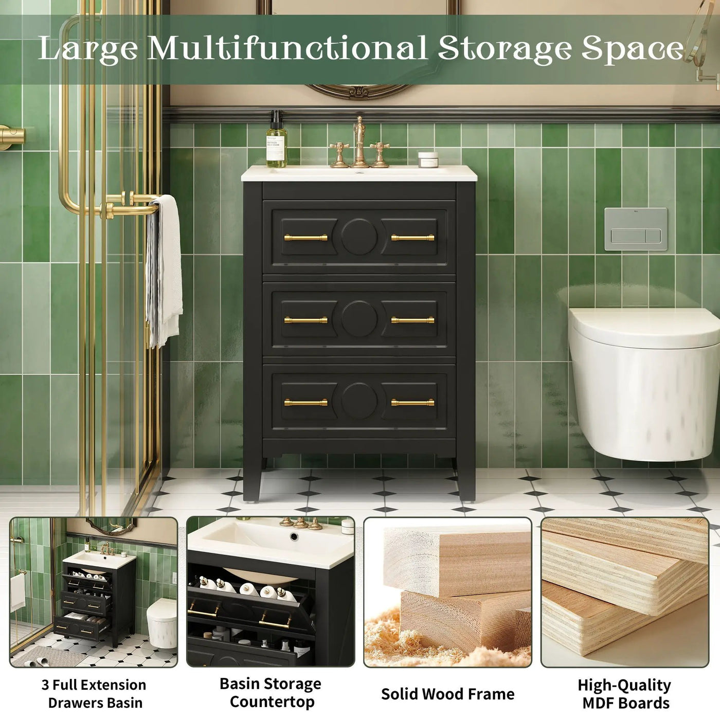 Bathroom Vanity With Sink, Free Standing Single Set, 3 Drawer Storage Cabinet by Unique Piece Furniture