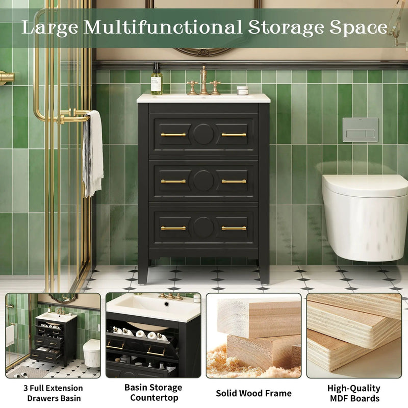 Bathroom Vanity With Sink, Free Standing Single Set, 3 Drawer Storage Cabinet by Unique Piece Furniture