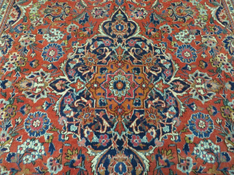 Persian Kashan Rug 4x7, Red and Navy Blue Semi Antique Vintage Wool Oriental Carpet, Hand Knotted Rug, Floral Medallion, High Quality Fine Carpet by Jewel Rugs