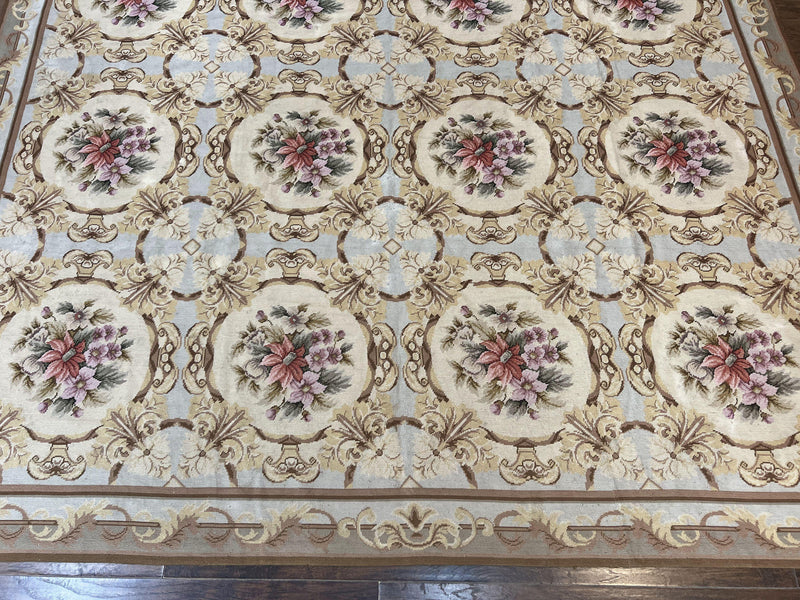 Chinese Needlepoint Rug 8x11, Handmade Wool Needlepoint Carpet, Vintage, Sky Blue by Jewel Rugs