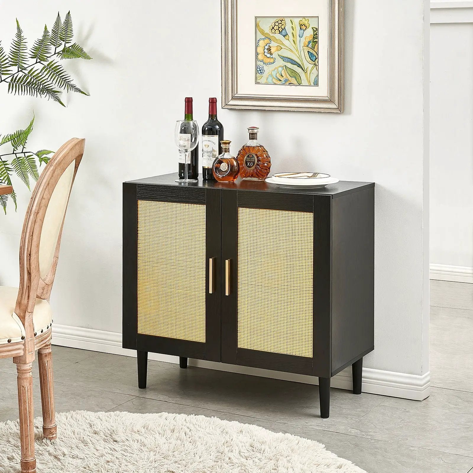 Side Panel Buffet Cabinet With Natural Rattan Door, Rattan Storage Cabinet With Adjustable Shelves, Side Panel And Buffet With Storage Space, Modern Console Cabinet In Bedroom And Living Room - Black / Beige by HouseOfZazla