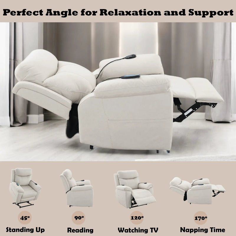 Chriki Beige Fabric Power Recliner with Lift, Heating, and Massage by HouseOfZazla