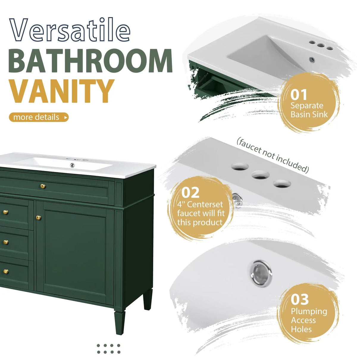 Bathroom Vanity With Mirror Cabinet, Single Sink With 2 Soft Closing Doors And 4 Drawers, photo 7 of 35