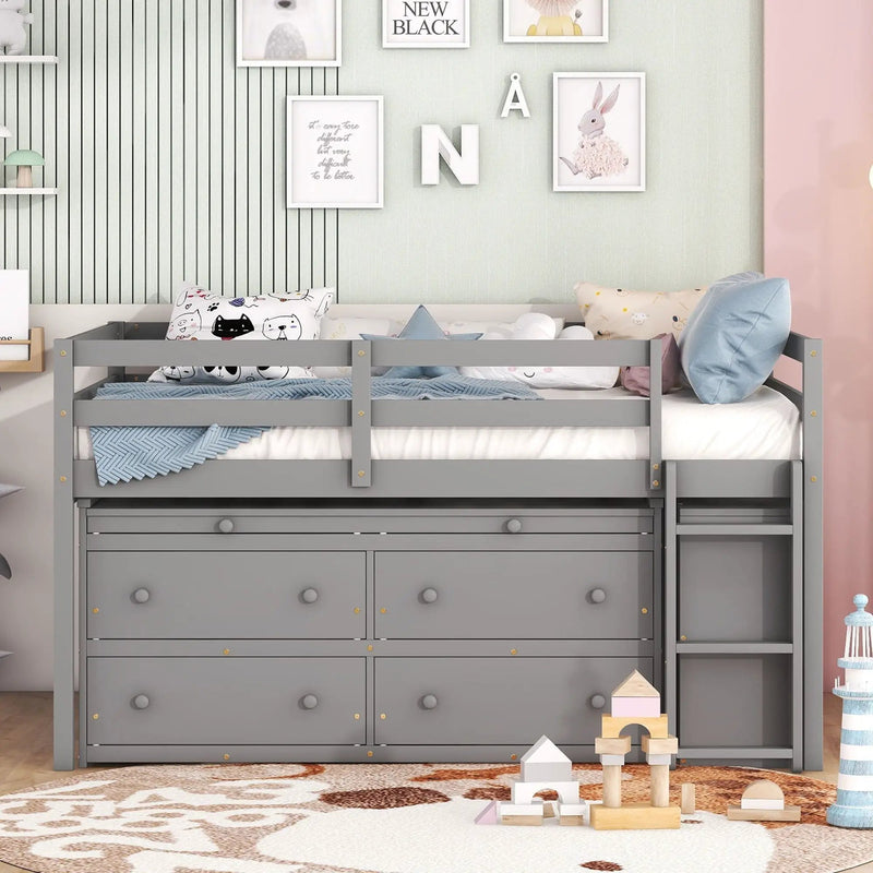 Loft Bed With Retractable Writing Desk And 4 Drawers, With Lateral Portable Desk And Shelves by HouseOfZazla