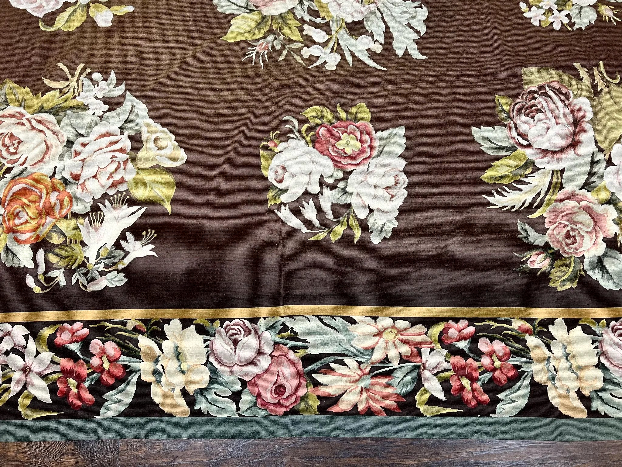 Vintage Needlepoint Rug 9x12, Large Handmade Hand-woven Needlepoint Carpet, Brown Area Rug, Floral Bouquets, Wool Rug, European Design by Jewel Rugs