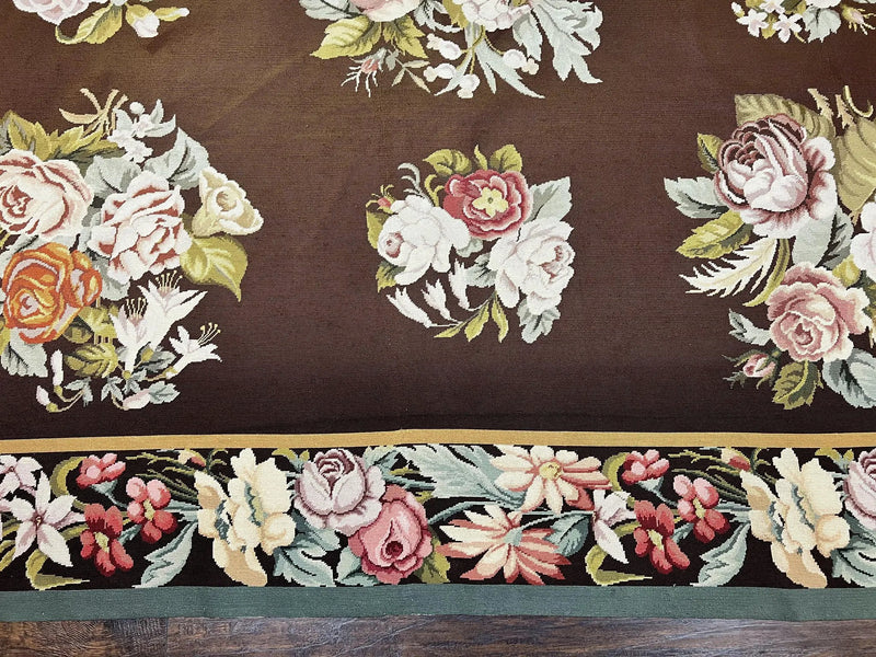 Vintage Needlepoint Rug 9x12, Large Handmade Hand-woven Needlepoint Carpet, Brown Area Rug, Floral Bouquets, Wool Rug, European Design by Jewel Rugs