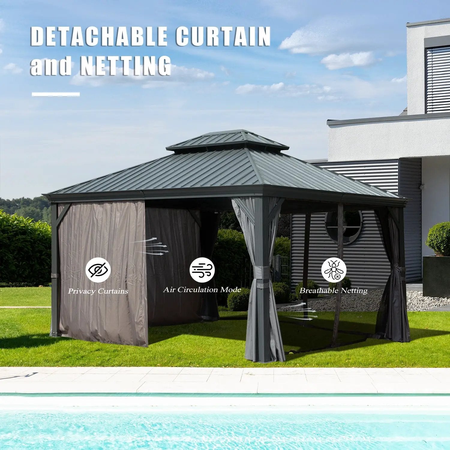 10' x 12' Hardtop Gazebo Outdoor Metal Gazebo with Galvanized Steel Double Roof Canopy, Aluminum Frame, Curtains and by HouseOfZazla
