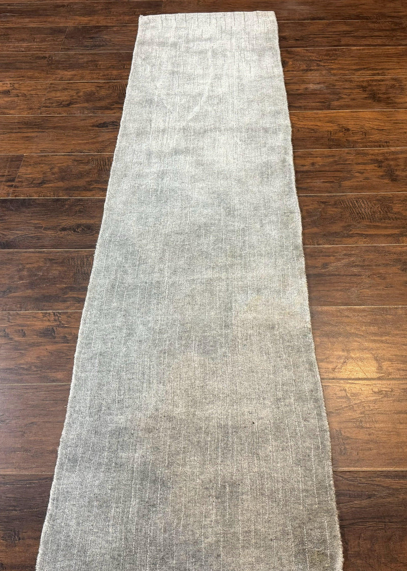 Modern Tibetan Runner Rug 1.9 x 8.6, Wool and Silk Highlights, Gray/Silver, Narrow Runner for Hallway or Kitchen by Jewel Rugs