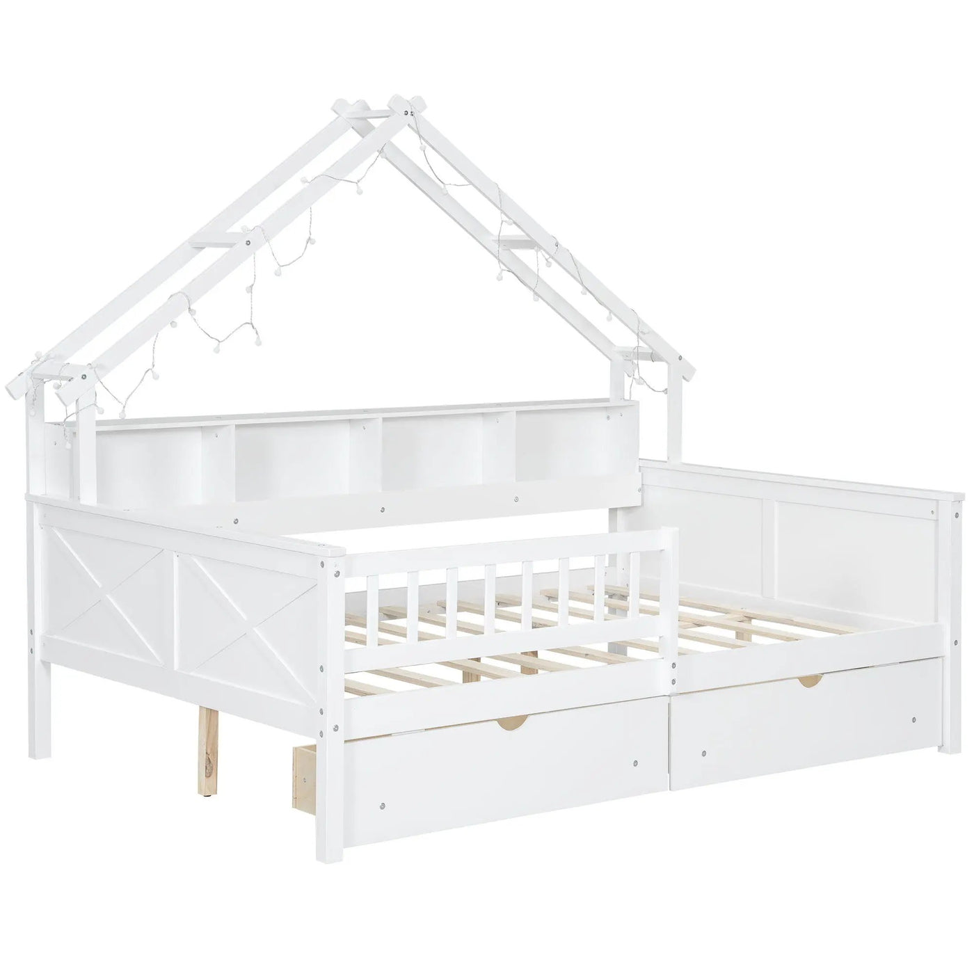 House Style Platform Bed With LED Lights, Storage Shelves, Drawers, And Guardrail by HouseOfZazla