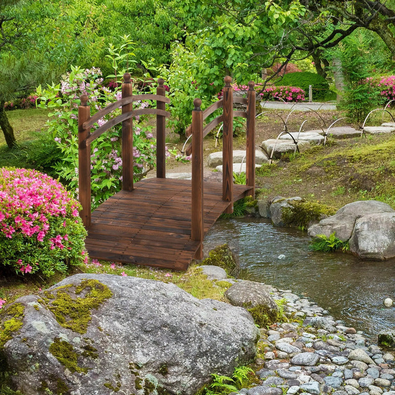 Outsunny - Fir Wood Garden Bridge Arc Walkway With Side Railings, Perfect For Backyards, Gardens, & Streams, Carbonized - Brown by Unique Piece Furniture