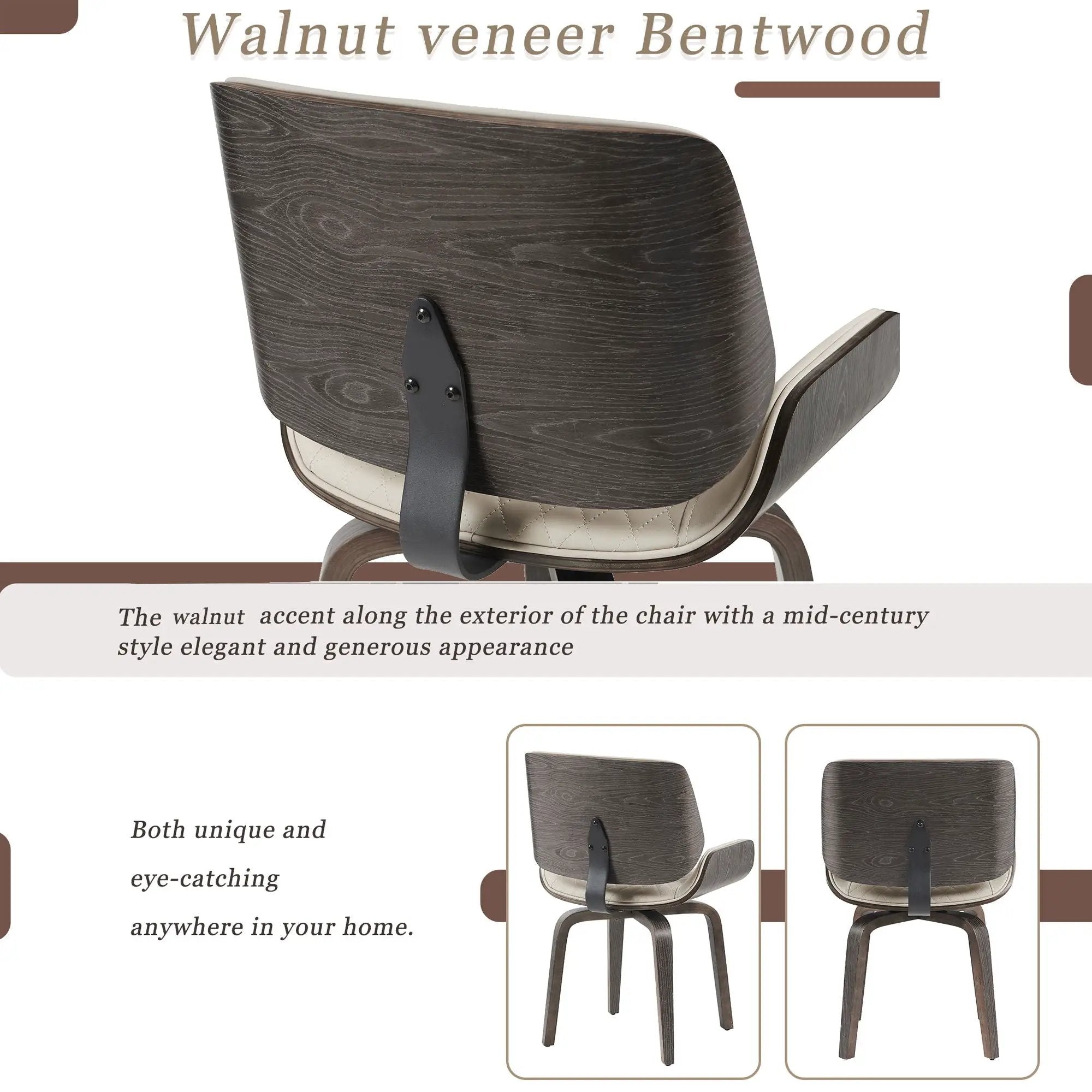 Mid Century Modern Dining Chair 360° Swivel, Ergonomic Design Upholstery, Bentwood Frame, (Set of 2) - Beige by HouseOfZazla