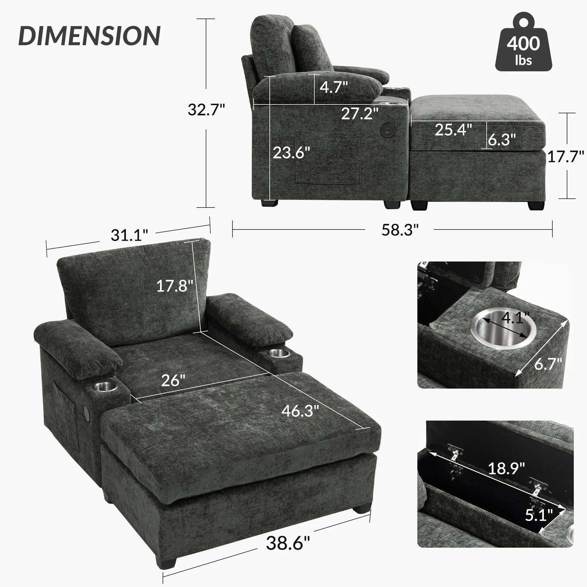 Modern Oversized Chair With Ottoman, Cupholders And USB Charging Ports by Unique Piece Furniture