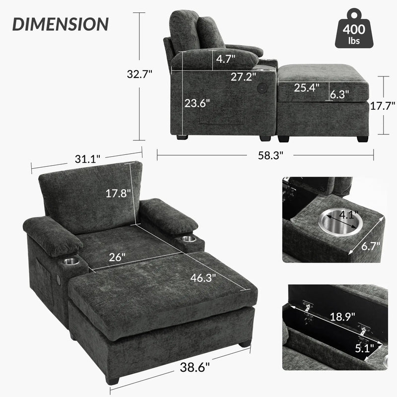 Modern Oversized Chair With Ottoman, Cupholders And USB Charging Ports by HouseOfZazla