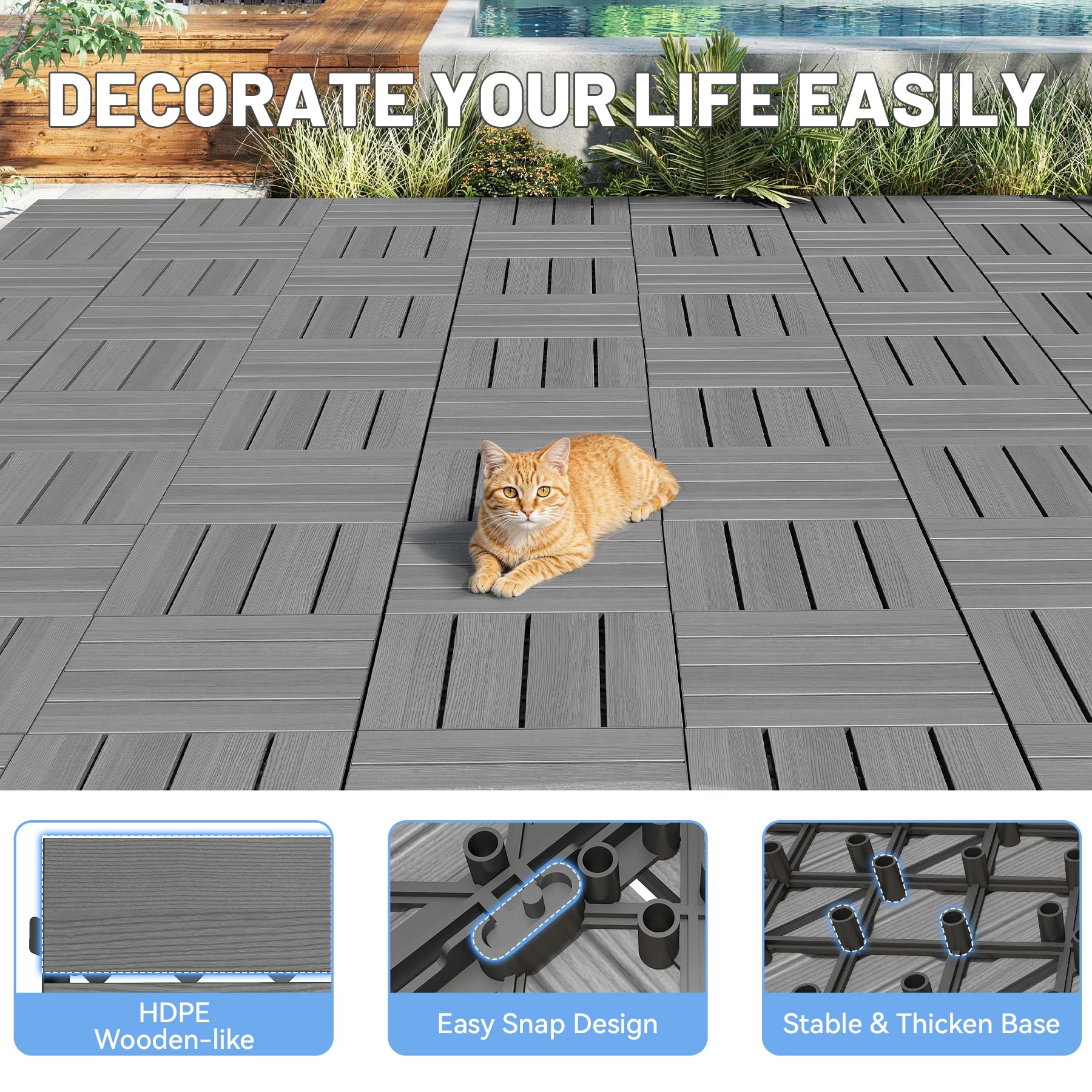 44 Pcs Interlocking Deck Tiles, 12" x 12" HDPE Outdoor Flooring by HouseOfZazla