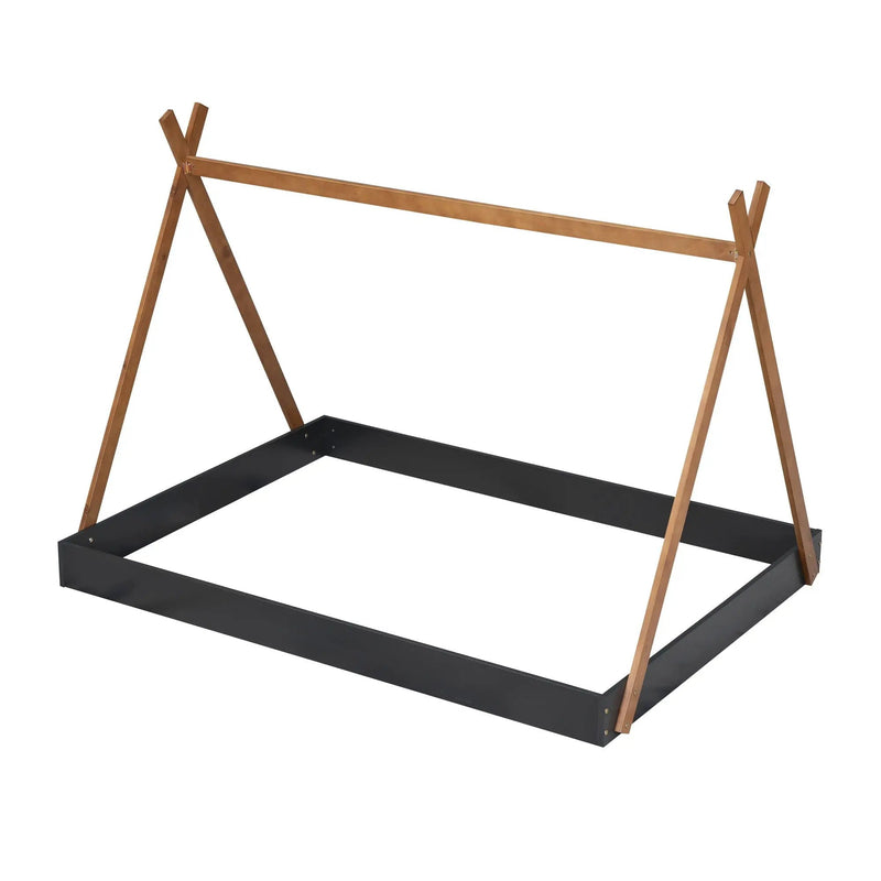 Full Size Tent Floor Bed With Triangle Structure, Low Profile Design - Black / Brown by HouseOfZazla