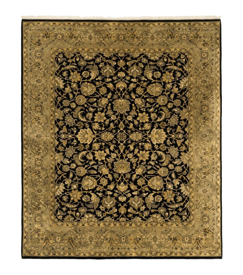 Indo Persian Rug 8x10, Black and Green, Wool, Handmade, Traditional, Floral Allover, Vintage by Jewel Rugs