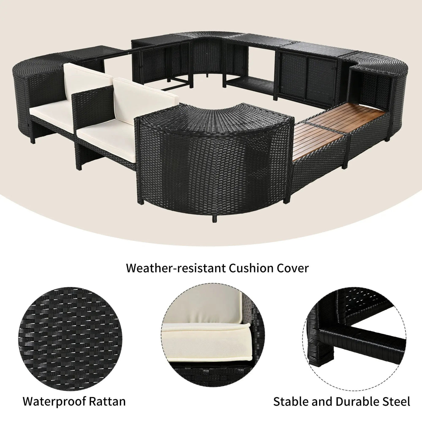 Spa Surround Spa Frame Quadrilateral Outdoor Rattan Sectional Sofa Set With Mini Sofa, Wooden Seats And Storage Spaces by Unique Piece Furniture