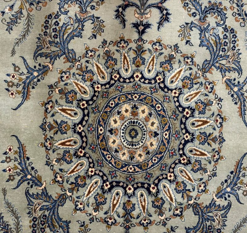 Light Green and Blue Persian Kashan Rug 7x10, Authentic Persian Carpet, Handmade, Wool by Jewel Rugs