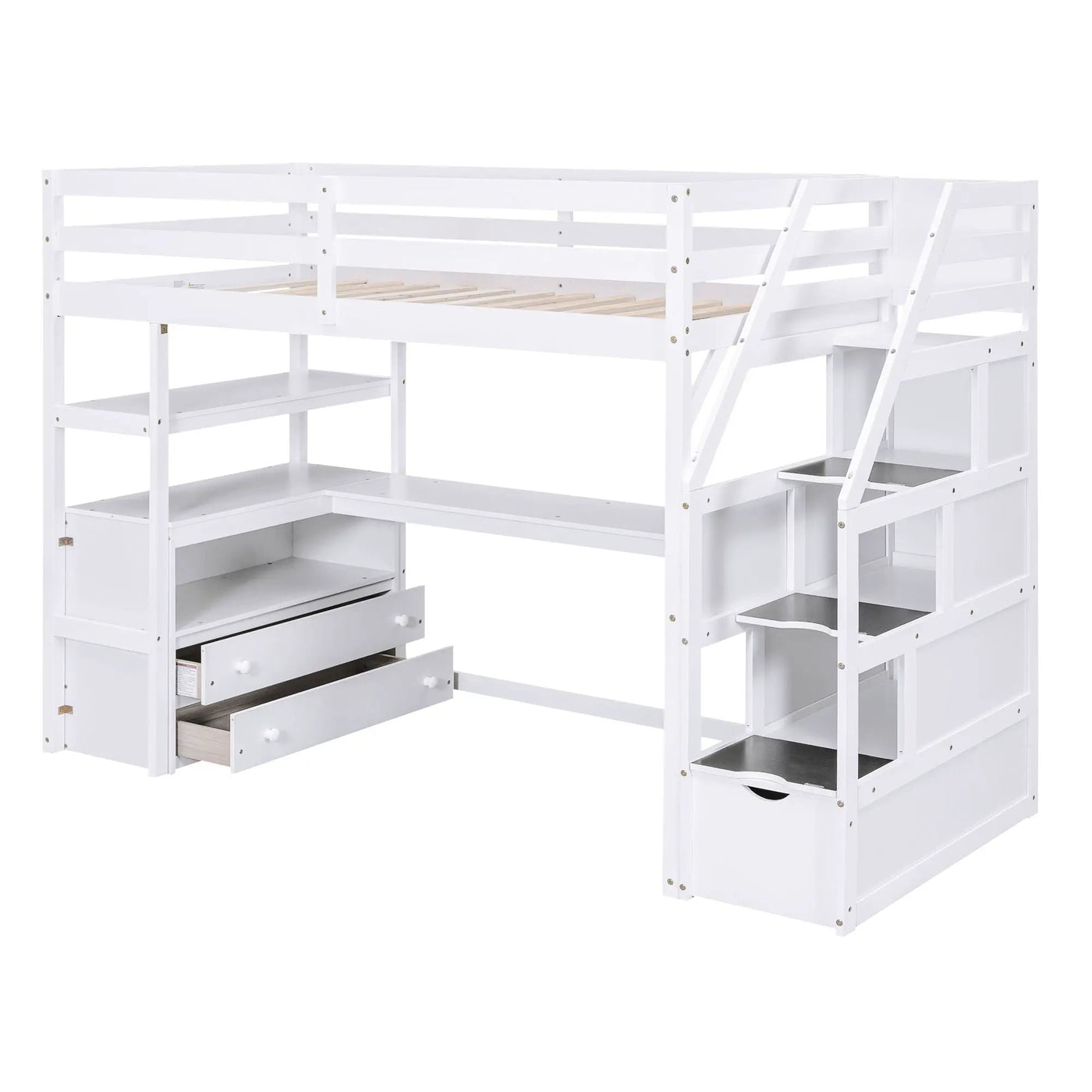Loft Bed With Desk, Shelves, 2 Drawers, Storage Staircase by HouseOfZazla
