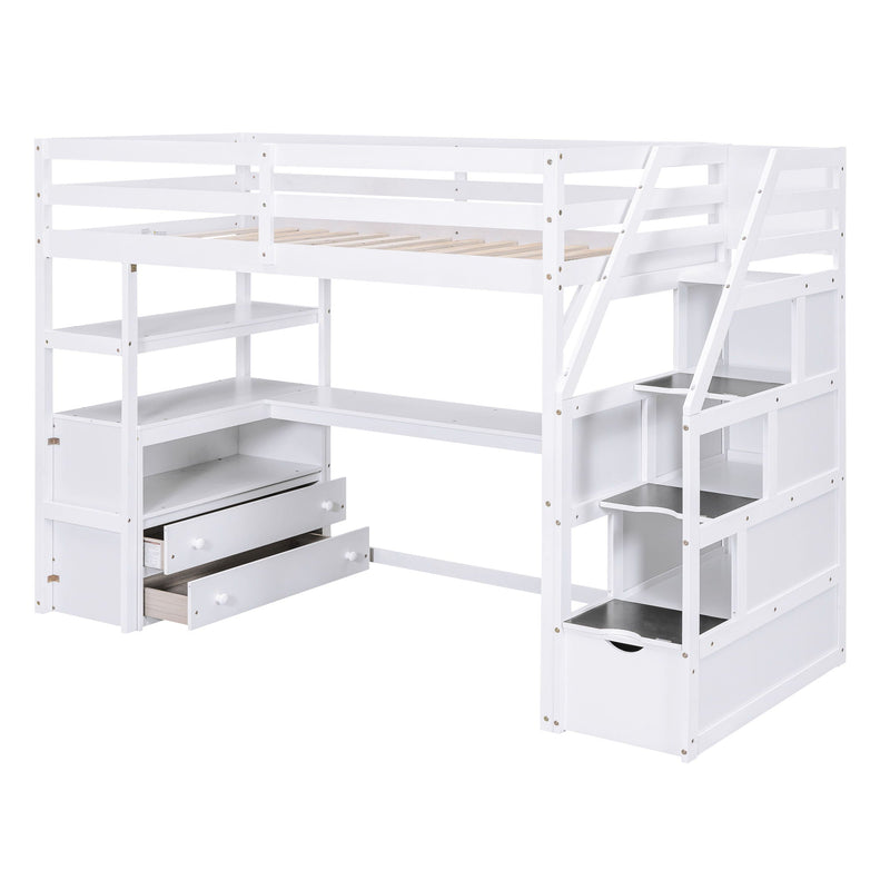Loft Bed With Desk, Shelves, 2 Drawers, Storage Staircase