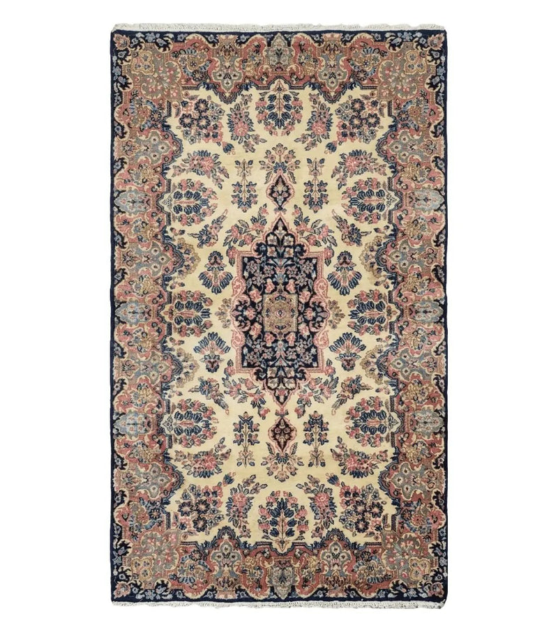 Antique Persian Kirman Rug 3.9 x 6.6, Floral Oriental Carpet, Ivory/Cream - Blue - Pink, Hand Knotted Wool Rug, Floral Medallion Rug 4x6 by Jewel Rugs