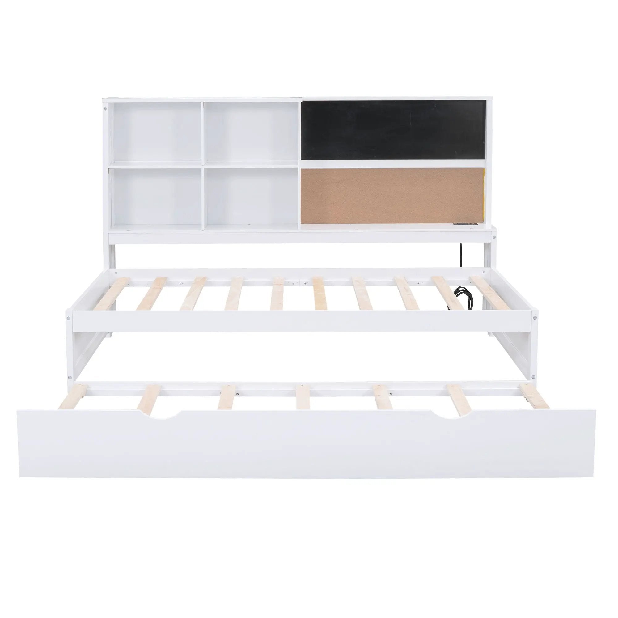 Twin Size Daybed With Storage Shelvesboard, Cork Board, USB Ports And Trundle - White by HouseOfZazla