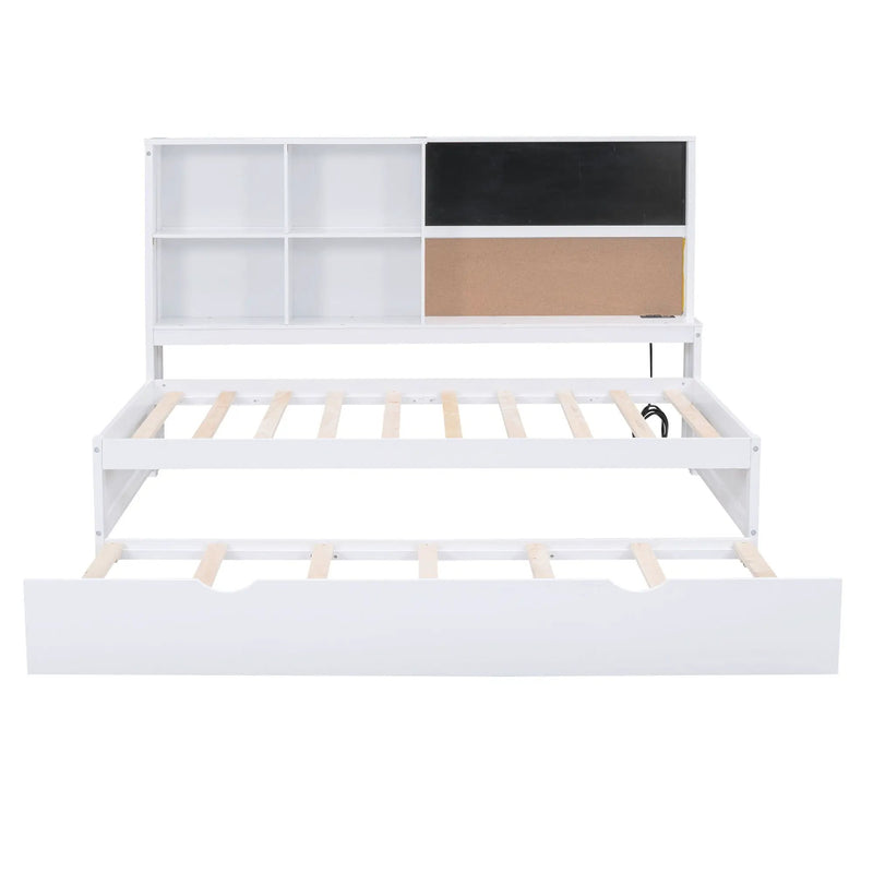 Twin Size Daybed With Storage Shelvesboard, Cork Board, USB Ports And Trundle - White by HouseOfZazla