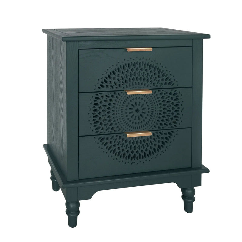 Hollow Carved 3 Drawer Dresser With Metal Handles, Storage Chest For Living Room Or Bedroom - Blackish Green by Unique Piece Furniture
