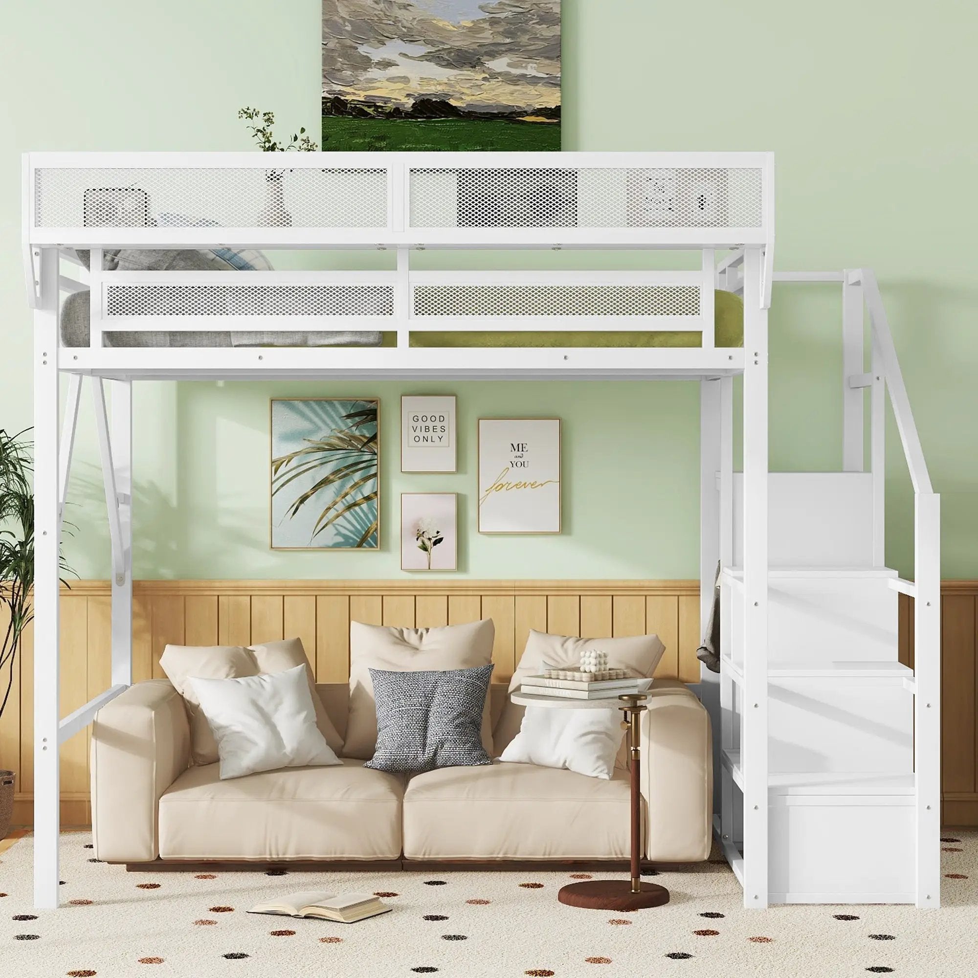 Full Size Loft Bed with Stairs and Storage Shelves by HouseOfZazla