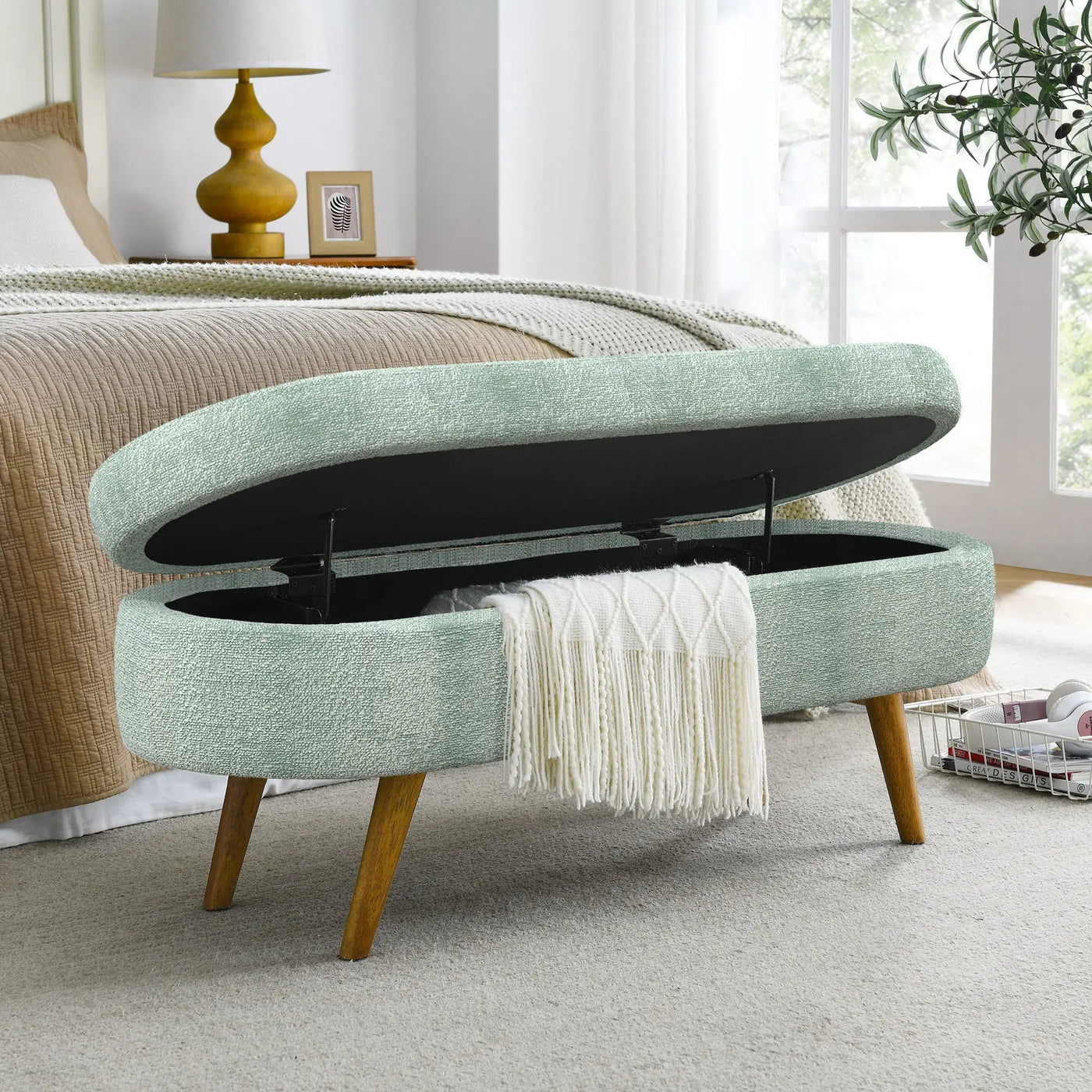 Modern Ottoman Oval Storage Bench With Rubber Wood Legs by Unique Piece Furniture