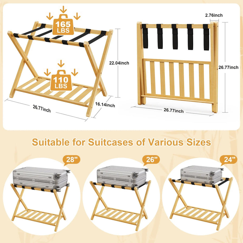 Folding Bamboo Luggage Rack with Lower Storage Shelf by HouseOfZazla
