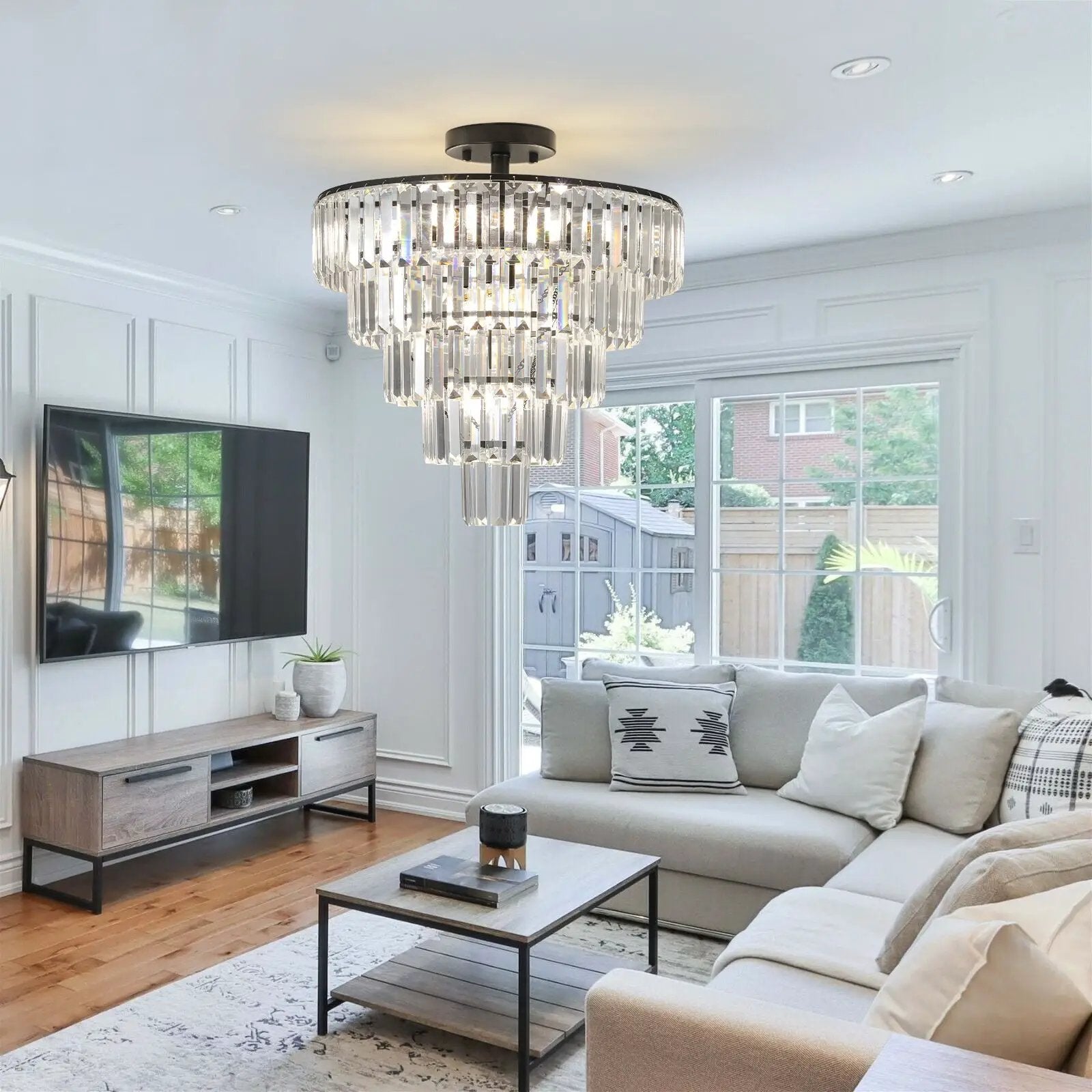 20' Black Crystal Chandelier Ceiling Light, Modern Luxury 10-Light Flush Mount by HouseOfZazla