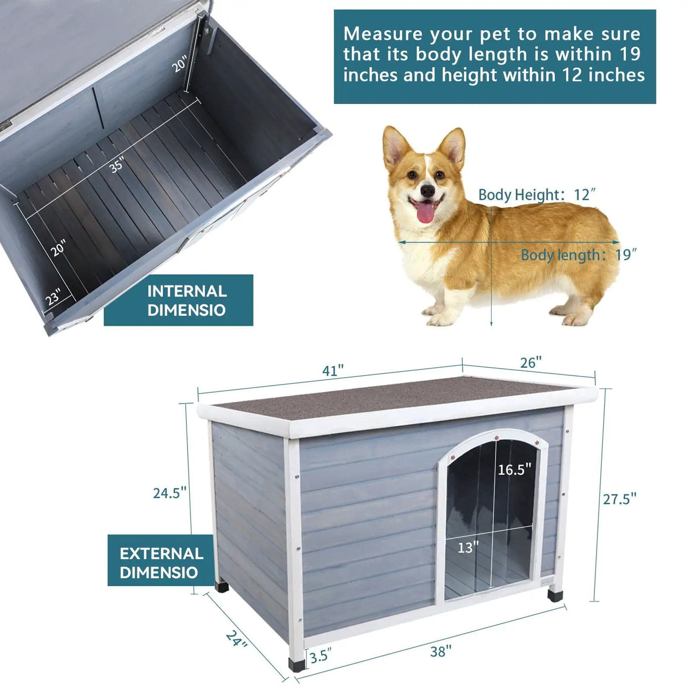 Medium Wooden Outdoor Dog House, Waterproof Roof, Elevated Floor, Adjustable Plastic Feet by HouseOfZazla